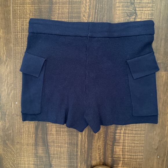 NWOT Navy Blue Knit Set Drawstring Shorts w/ Pockets Collared Knit Top - xs - Picture 5 of 6